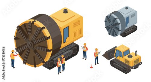 Isometric tunnel boring machine and construction workers illustration