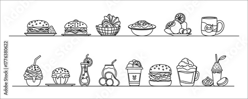 Set of hand drawn fast food and drink icons including burgers, cupcakes, ice cream, fruit bowl, juice, tea mug, smoothie, coconut drink, coffee cup, lemon slices, and milkshake. 