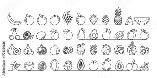 A bright set of flat cartoon fruits in a modern flat style, perfect for stickers, prints, children's illustrations, merch, packaging, branding and patterns. The set includes popular, tropical