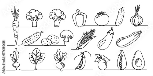 Set of hand drawn vegetable icons including carrot, broccoli, bell pepper, tomato, cucumber, onion, potato, mushroom, corn, eggplant, zucchini, radish, spinach, peas, avocado, and lemon. 