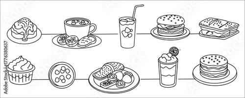 Set of hand drawn fast food and drink icons including burgers, cupcakes, ice cream, fruit bowl, juice, tea mug, smoothie, coconut drink, coffee cup, lemon slices, and milkshake. 