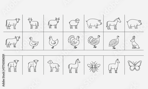 A simple outline icon collection of various farm animals. Vector set including livestock, poultry, and insects for agricultural design projects