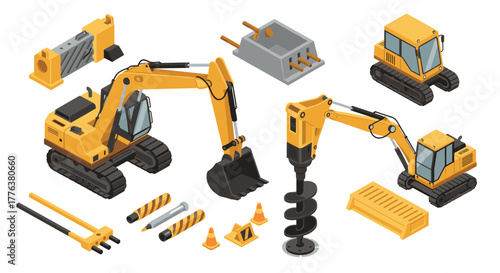Isometric construction equipment set: excavators, drill, concrete barriers, and safety cones