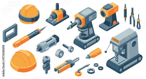 Modern isometric industrial equipment and tools set in vibrant colors