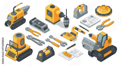 Isometric construction tools and equipment set in modern style