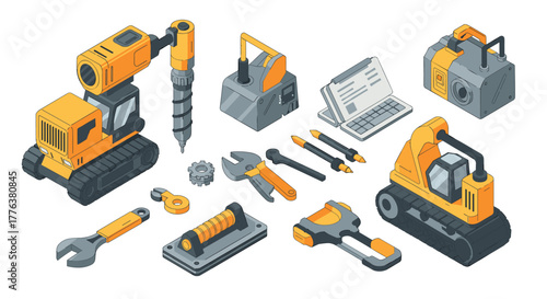 Construction equipment isometric style with drill and tools on white background