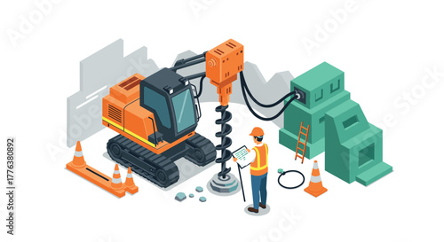 Construction site with excavator and worker in isometric design