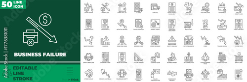 Business Failure Line Editable Icons set. Vector illustration in modern thin line style of business failure icons: bankruptcy, recession, deficit, etc
