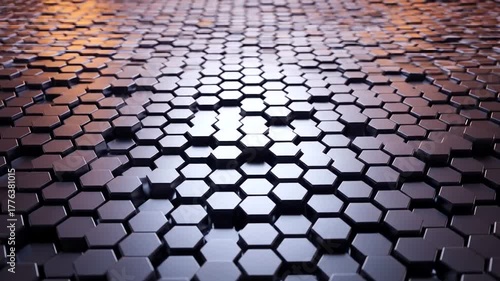 Metallic hexagons abstract background with dynamic light effects creating depth and texture
