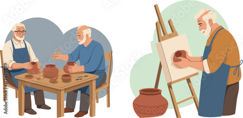Elderly men creating pottery and painting ceramic vase in art studio workshop, senior artists practicing creative craftsmanship and handmade pottery design
