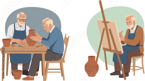 Elderly men creating pottery and painting ceramic vase in art studio workshop, senior artists practicing creative craftsmanship and handmade pottery design