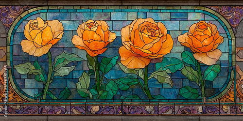 Beautiful Orange Roses Floral Art Stained Glass Window Design with Green Leaves