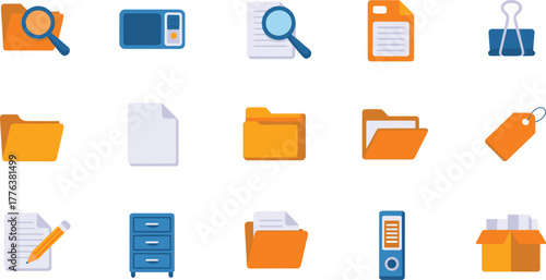 Flat design office document management icons set with folders, files, binders, storage box, search magnifier, label tag, and cabinet illustrations