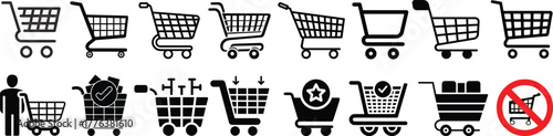 Shopping cart icon set. Shopping trolley in outline. Web cart in line. Shop symbol in black. Trolley icon. Stock vector illustration.A simple line art illustration of a shopping cart.