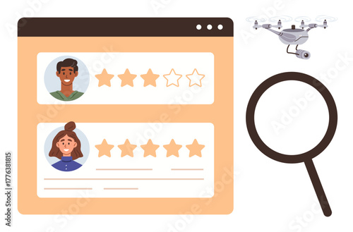 Browser window showcasing user reviews with star ratings, magnifying glass, and quadcopter. Ideal for feedback, analysis, e-commerce, quality check, evaluation technology consumer behavior. Simple