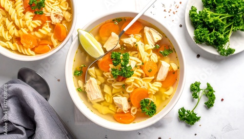 Overhead shot of two bowls of warm chicken noodle soup with a garnish of fresh parsley and a lime wedge. Served on a white surface with a spoon and a napkin