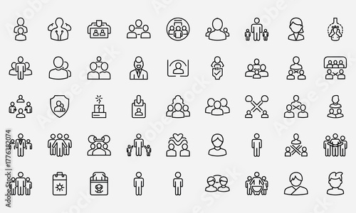 Collection of Line Icons Representing People, Groups, Communities, and Social Structures in Various Forms