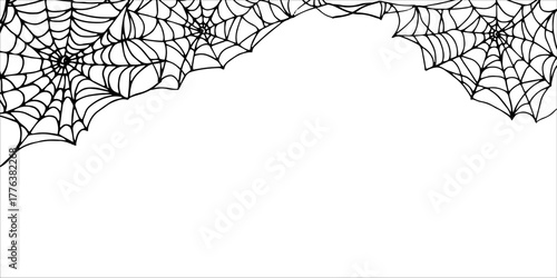 A horizontal frame with a spider web. Black outline drawing for Halloween. Hand drawn graphic frame with space for text. Line drawing of thread for decoration, invitations, and greetings