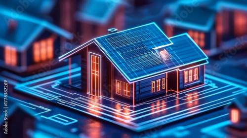 House model on a virtual screen of the tablet.3d