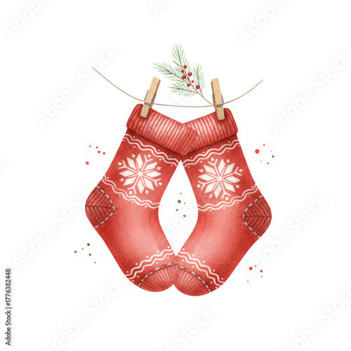 Red Christmas Socks Hanging with Pine Twig PNG