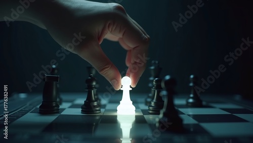 Strategic hand places glowing white pawn on chessboard, symbolizing decisive move and forward thinking in business competition