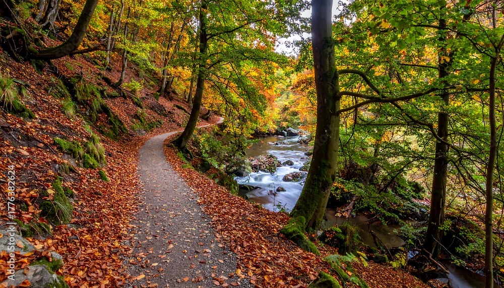Naklejka premium Leaf-strewn path curves beside a rushing stream, flanked by trees in autumnal shades of orange, yellow, and green