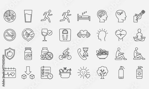 Comprehensive collection of outline icons representing various aspects of health, wellness, and healthy lifestyle choices for modern living