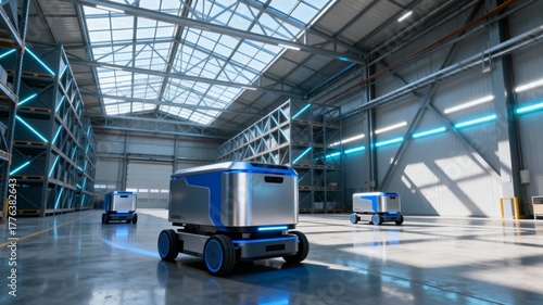 Futuristic Warehouse Robots Blue Silver Industrial Background
