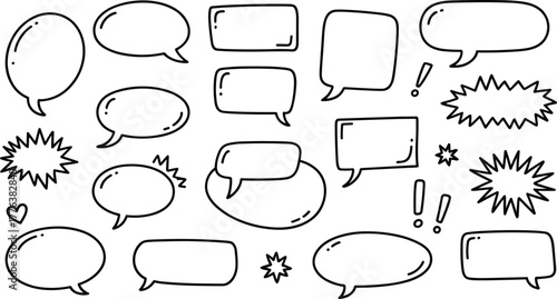 Hand drawn speech bubbles collection with comic style doodle chat frames and empty dialogue callout shapes on white background