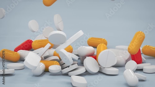 Colorful Capsules and Tablets Falling in Slowmotion. 3D render animation
