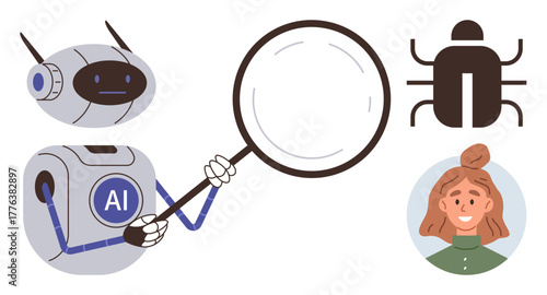 Robot labeled AI holding magnifying glass analyzing a black bug next to a woman s portrait. Ideal for AI, debugging, cybersecurity, technology, problem solving, innovation, teamwork. Simple flat