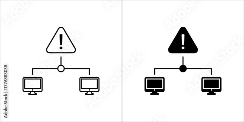 Network connection error warning icon with two computers and a warning triangle