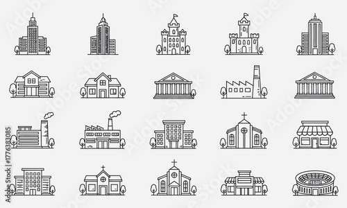 Collection of Buildings and Structures, Representing Various Architecture and Public Spaces