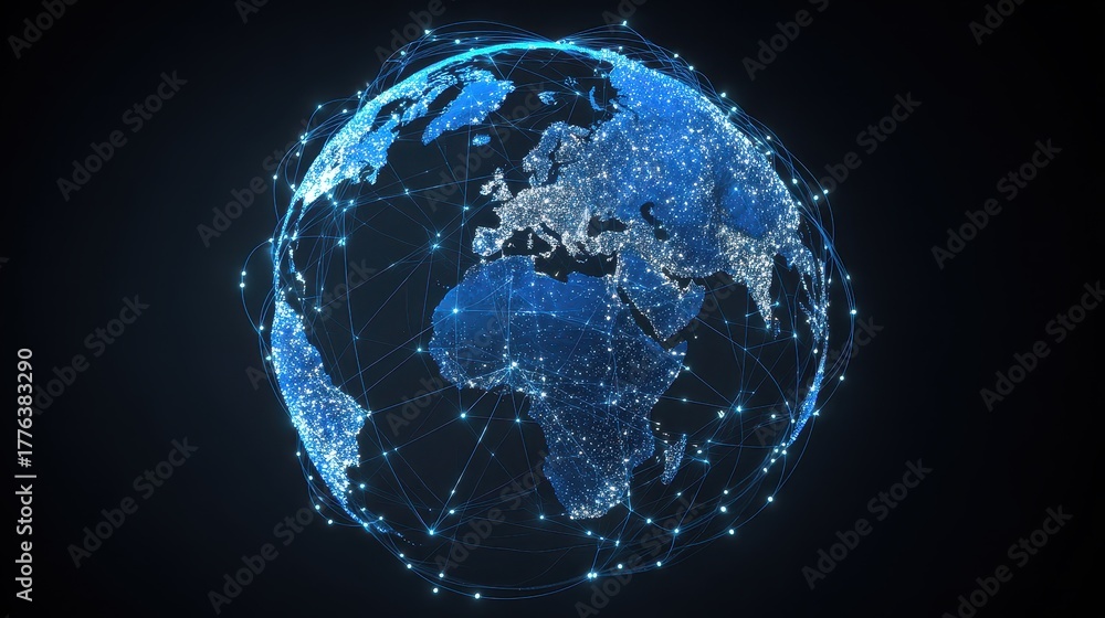Fototapeta premium 3D-rendered globe with bright blue network links connecting major cities, symbolizing worldwide internet connectivity, digital communication, and global business, isolated on dark gradient background.