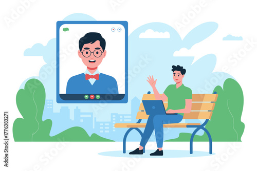Video Call Illustration of People Communicating Online via Laptop in Park.