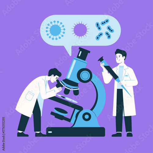 Scientists Working with Microscope and Virus Research Illustration.