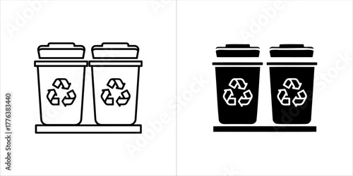 Two recycling bins, one in outline and one in black