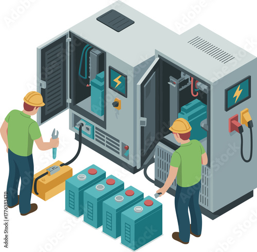 Isometric illustration of electrical engineers working with battery energy storage systems and charging stations for renewable power maintenance and inspection
