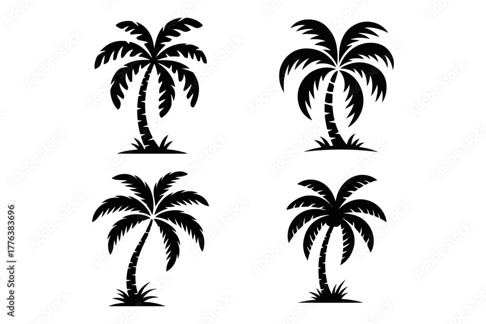 Fototapeta premium Stylized black silhouette icons of four different palm trees, a vector graphic set representing tropical island paradise and summer holidays