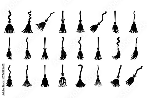 An assortment of magical witch broom silhouettes for fantasy and Halloween themes. Vector collection of flying broomstick icons with various handle shapes and designs