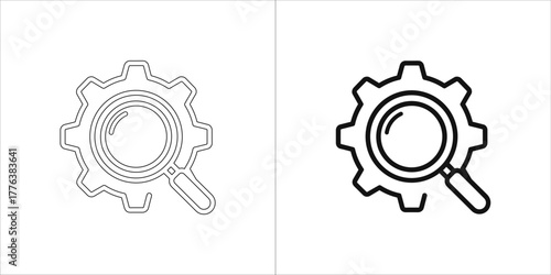 Magnifying glass over a gear icon, representing search and settings