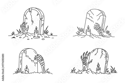 Eerie Halloween concept with a set of undead skeletal hands breaking free from the earth beside old tombstones, isolated line art illustrations
