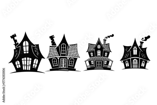 Set of four spooky gothic style haunted houses with chimneys, silhouetted against a white background, evoking a sense of mystery and the supernatural