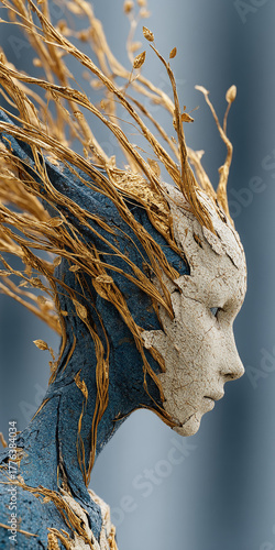 Ethereal golden-hued elemental being with striking white and blue skin texture, captured in a profile view against a soft blue background