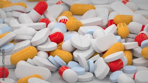 Close-up view of assorted pills, tablets, and capsules. Medicine, healthcare, treatment, and pharmaceutical industry concept. 3D render animation