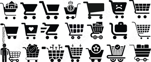 Shopping cart icon set. Shopping trolley in outline. Web cart in line. Shop symbol in black. Trolley icon. Stock vector illustration.A simple line art illustration of a shopping cart.
