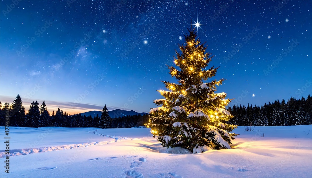 Fototapeta premium Illuminated Christmas tree stands out against a snowy field at night, with footprints and starry sky above