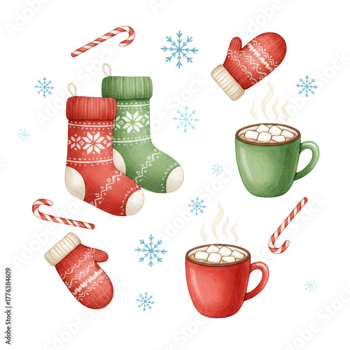 Christmas Socks and Hot Chocolate Watercolor Illustration PNG