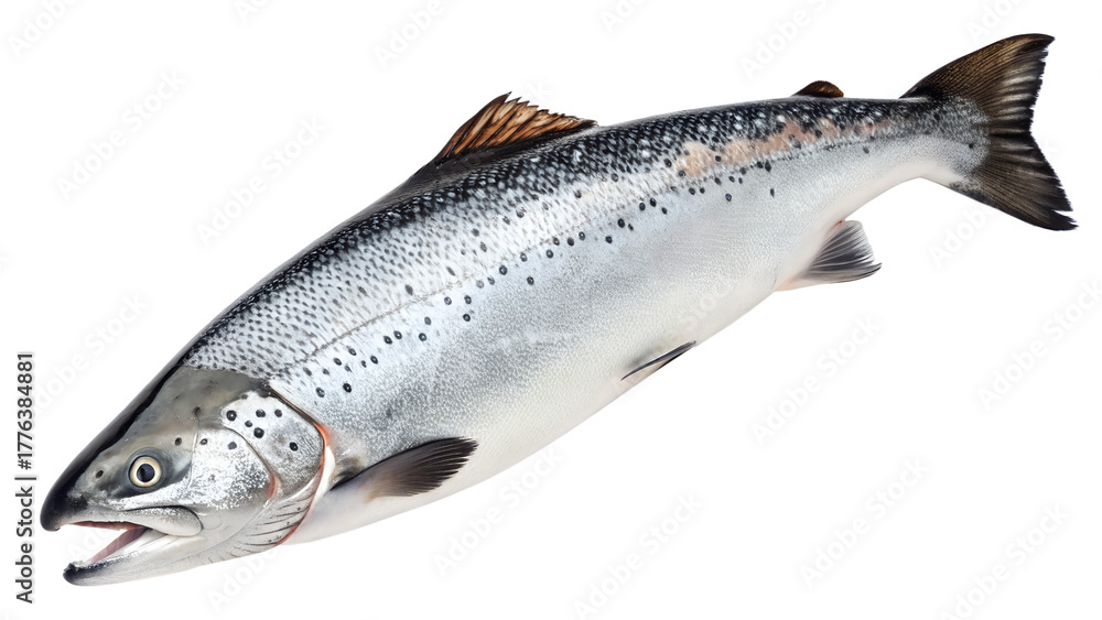 Naklejka premium A fresh, vibrant whole salmon, showcasing its natural silver scales and detailed fins, is perfectly isolated on a clean transparent background.