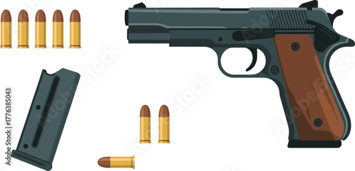 Papier peint Realistic digital illustration of handgun pistol with ammunition bullets and mag